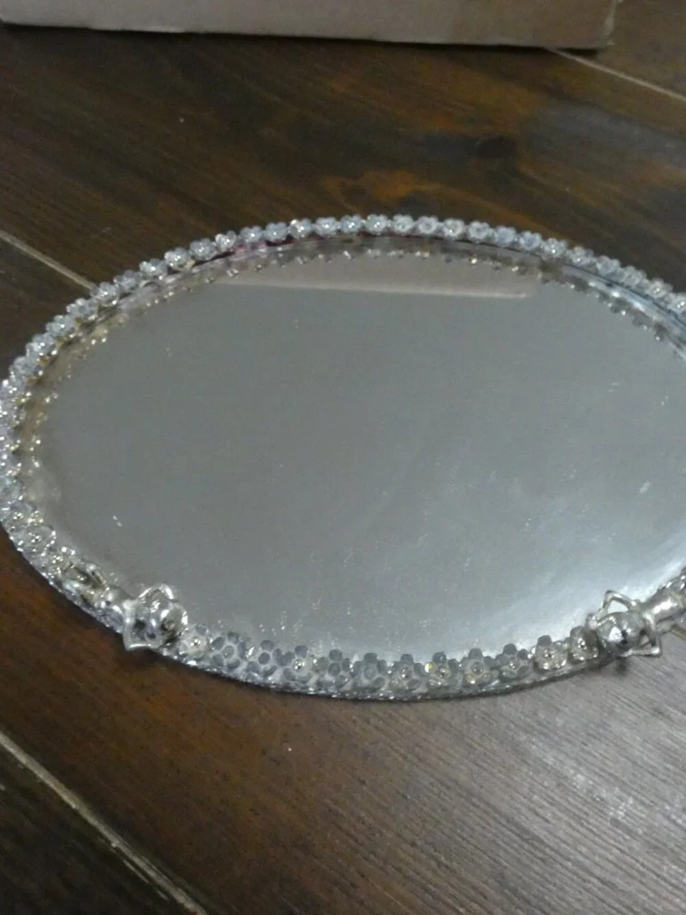 VTG Sam Fink Silver Colored Oval Ornate Mirror Cherubs Resting Filigree Tray 7.5